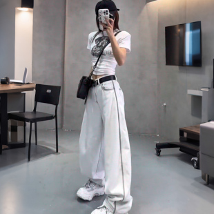 女春季 洋气长裤 新款 时尚 显瘦百搭松弛感阔腿牛仔裤 白色高腰弯刀裤