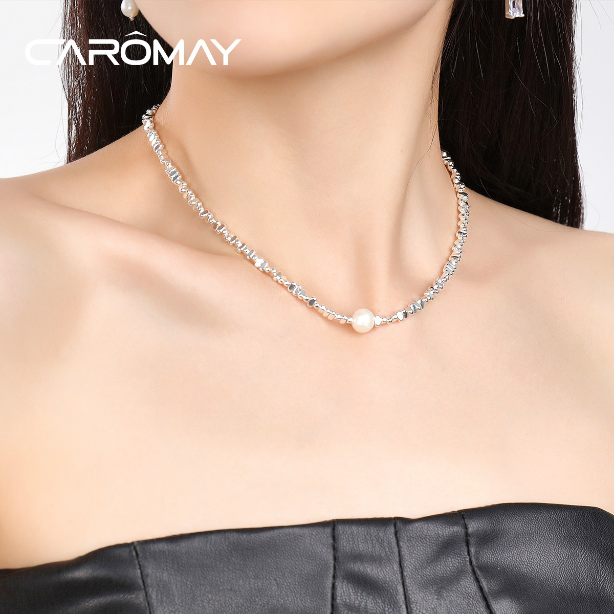 CAROMAY复古冷淡风珍珠项链女设计感小众碎银几两锁骨链2023秋季