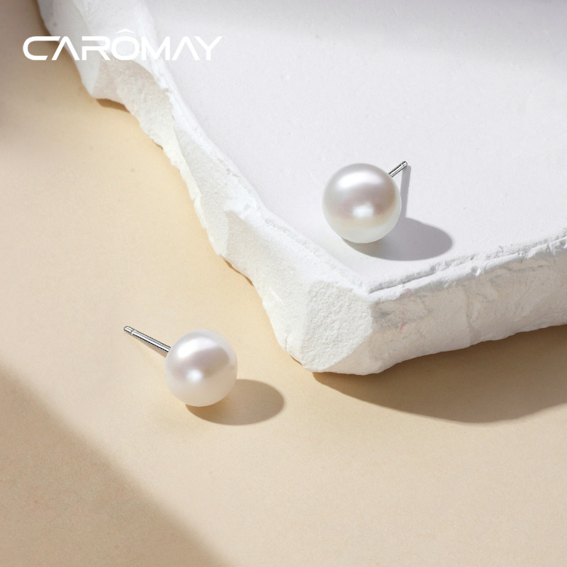 CAROMAY法式淡水珍珠耳环女简约925纯银耳钉高级感优雅耳坠耳饰