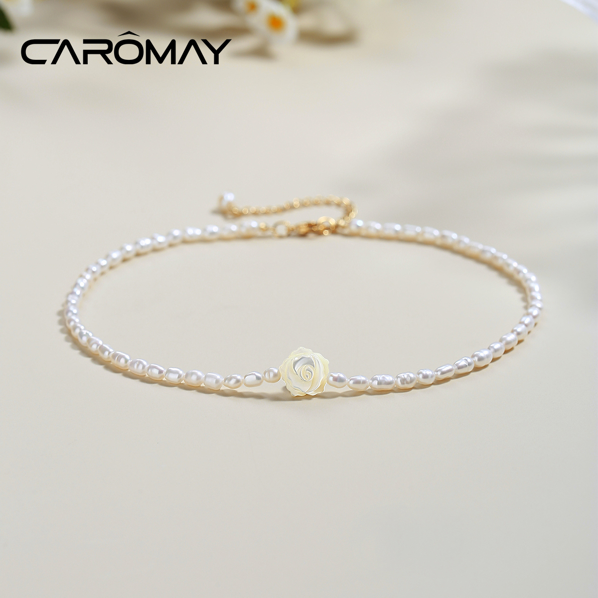CAROMAY淡水珍珠玫瑰花项链女优雅纯白锁骨链简约高级感气质颈链