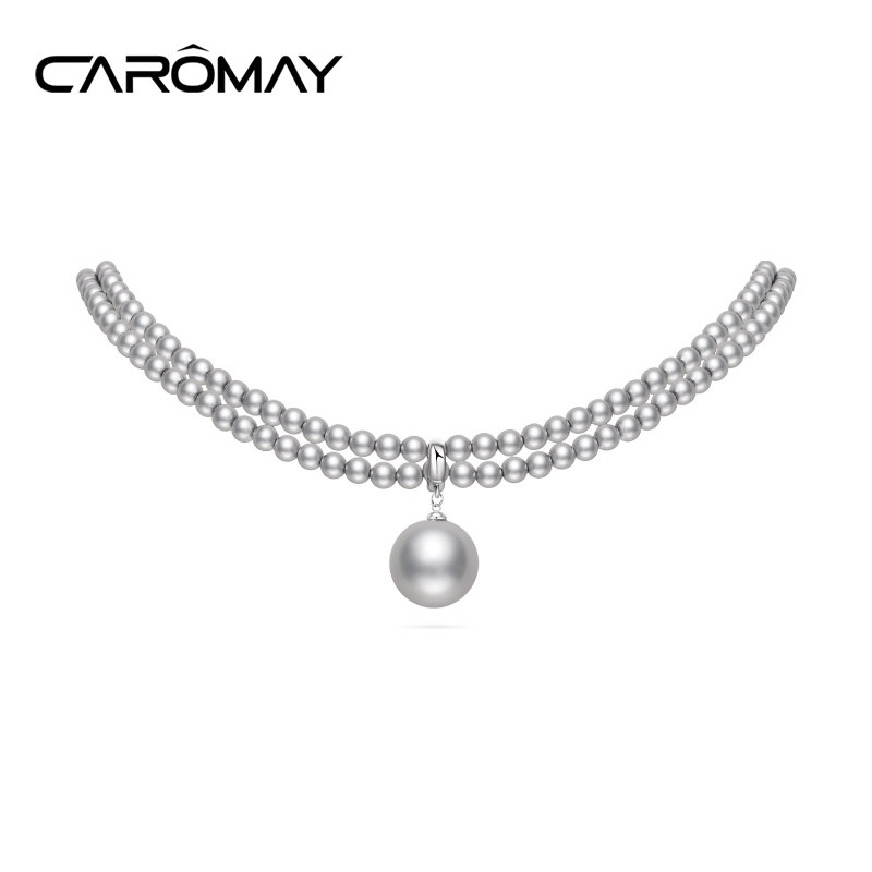CAROMAY真多麻灰色人造珍珠女叠戴轻奢高级感锁骨链法式毛衣颈链