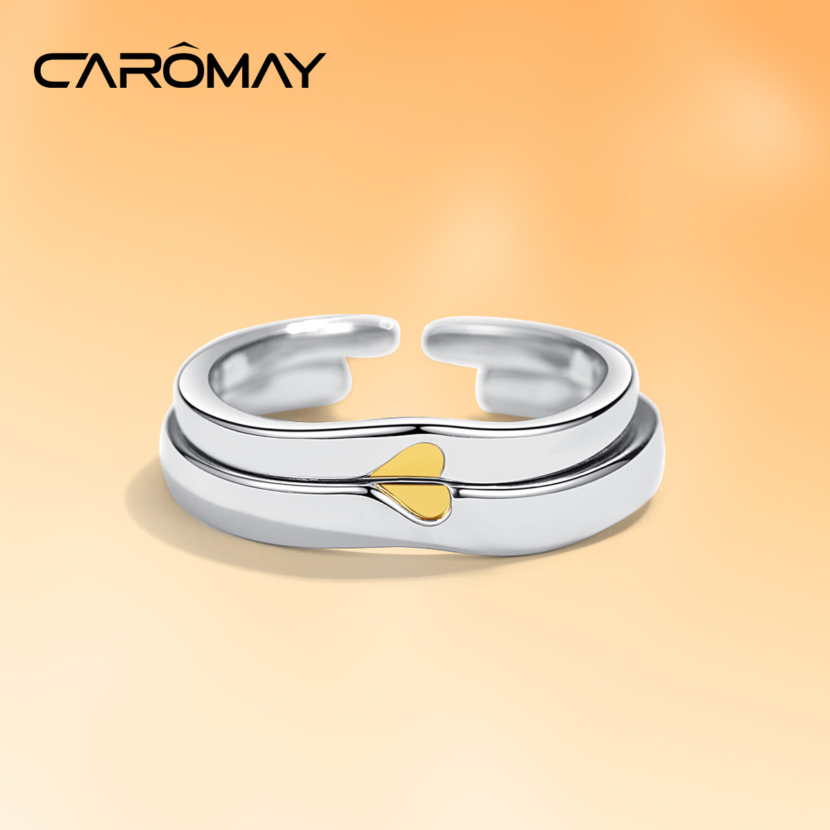 CAROMAY简约爱心情侣对戒时尚个性银色开口戒指送女朋友闺蜜礼物