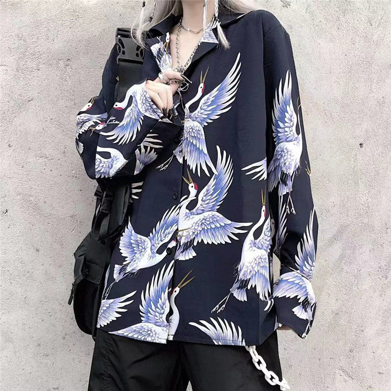 mapogo 街头美式潮流休闲上衣原宿风帅气ins仙鹤印花长袖衬衫男女