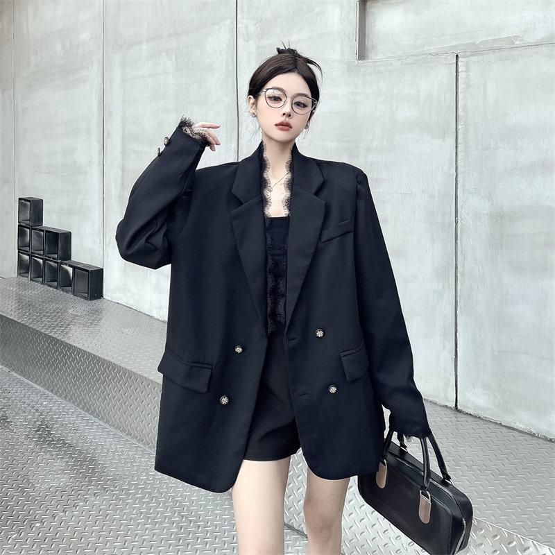 mapogo潮流气质蕾丝拼接黑色西装外套女春秋新款宽松休闲西服上衣