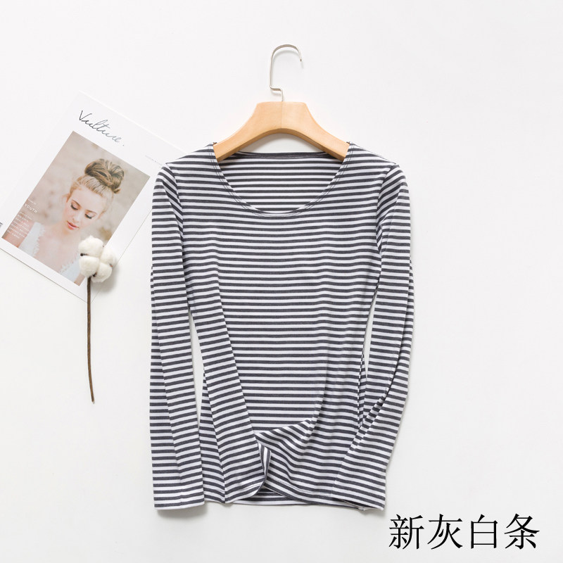 女士圆领贴身打底保暖上衣秋冬打底磨毛长袖可外穿条纹纯色女上装
