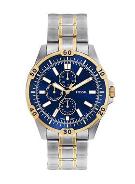 代购Fossil化石男士腕表计时日期夜光多时区钢带双色防水蓝盘