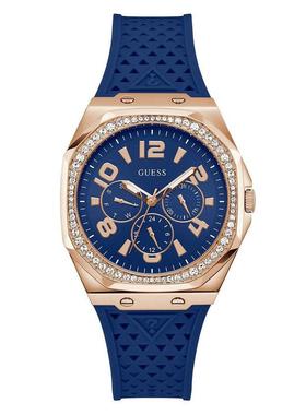 代购GUESS女士腕表计时日期多针双时区硅胶蓝色玫瑰金镶钻日常