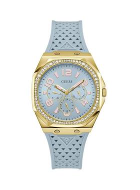 代购GUESS女士腕表多时区日期星期计时硅胶金色蓝色镶钻休闲日常