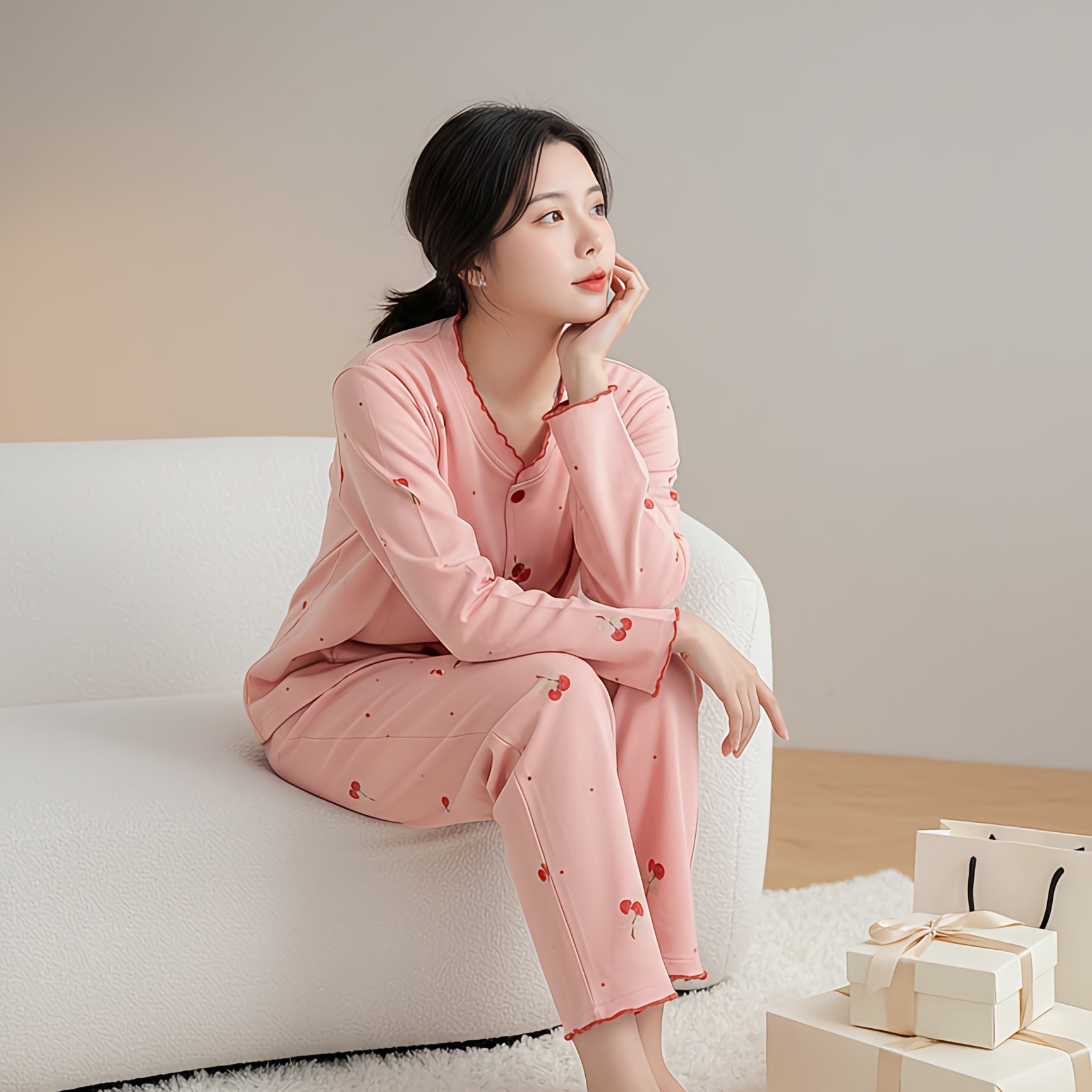 可爱风樱桃印花睡衣女秋季长袖两件套宽松可外穿家居服套装,女装/女士精品,大码套装,淘宝优惠券,粉丝福利购,淘宝优惠卷