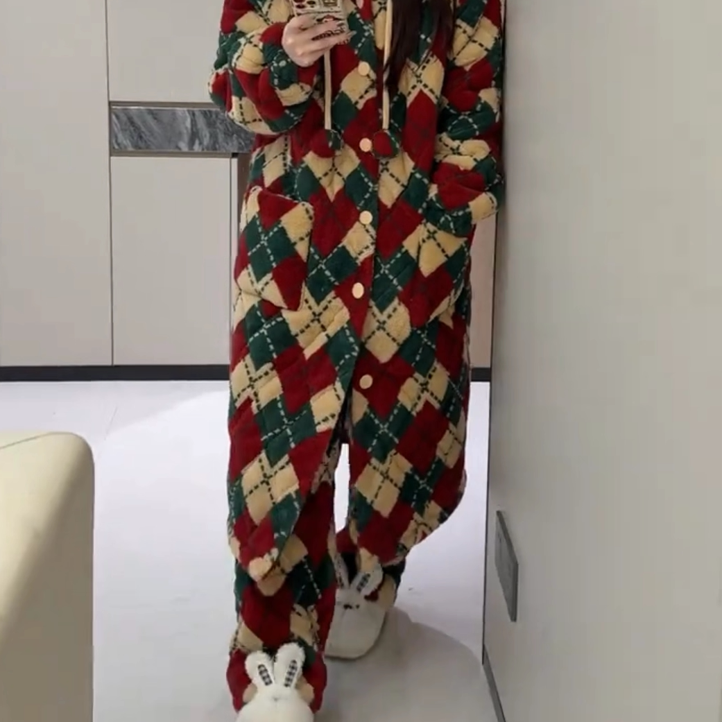 秋冬加厚格子两件套女宽松连帽开衫长裤大码套装可外穿,女装/女士精品,大码套装,淘宝优惠券,粉丝福利购,淘宝优惠卷