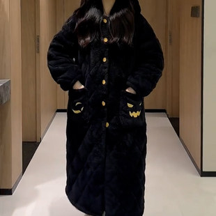 2025年新款睡衣冬天加厚三层夹棉连帽睡袍套装女款保暖长款家居服