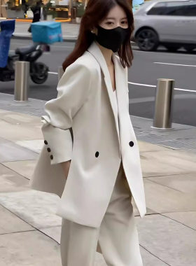 大码女装2025年春装新款微胖mm200斤显瘦西装窄版阔腿裤两件套装