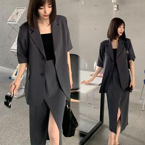 高端定制短袖西装胖妹妹大码女装薄款200斤显瘦OL半身裙两件套装