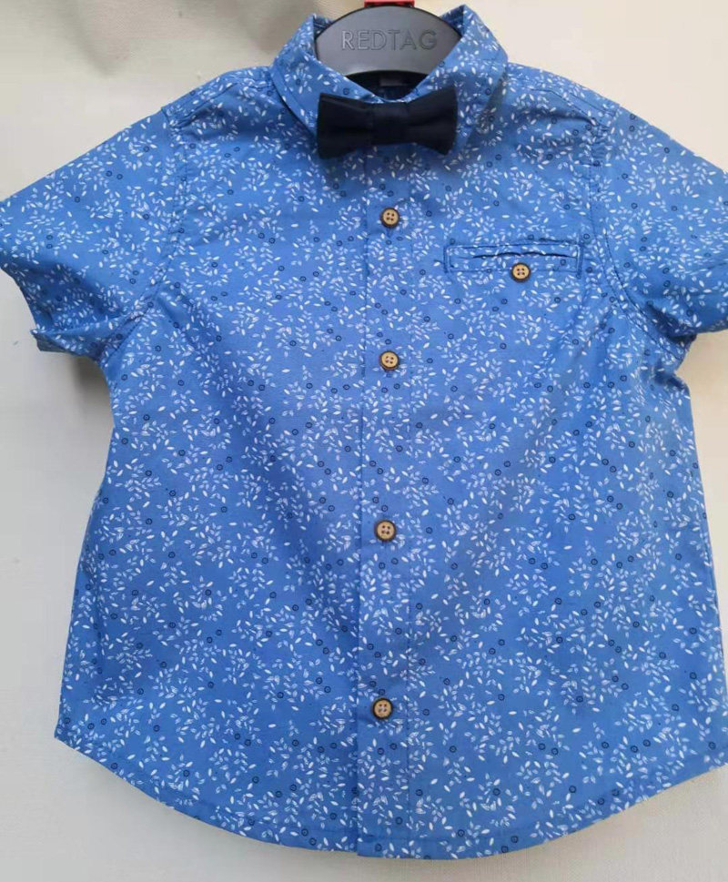 法单~男童夏季新款蓝色清新碎花衬衫
