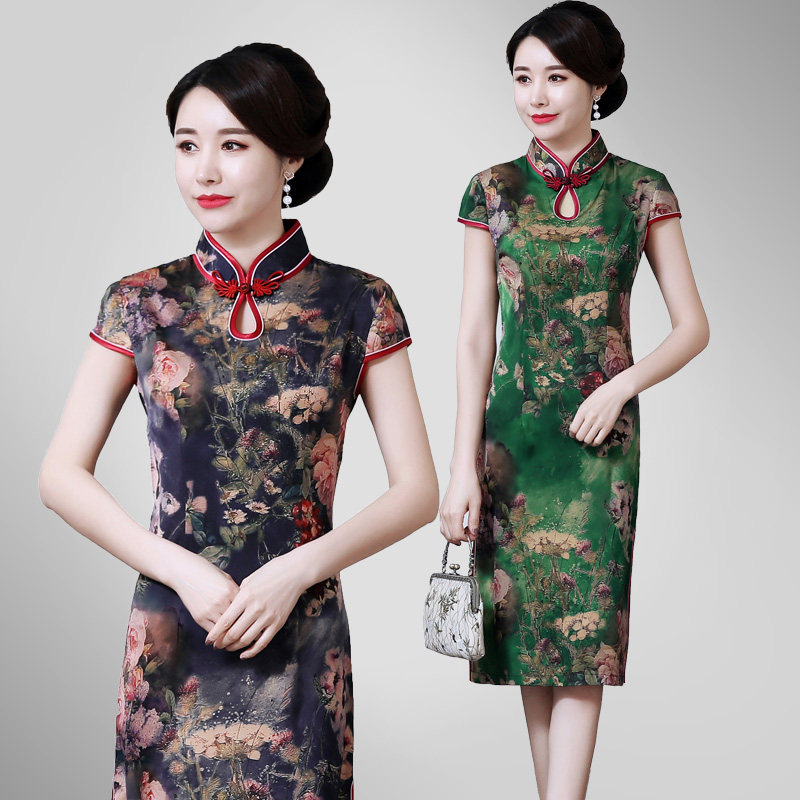 旗袍女夏季妈妈装复古改良旗袍连衣裙中老年大码中长款短袖仿真丝