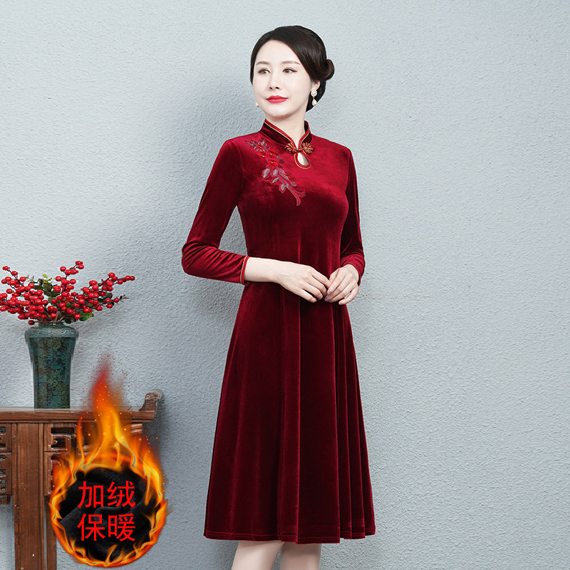 加绒金丝绒旗袍中老年妈妈女装长袖立领大码中长款秋冬婚礼连衣裙