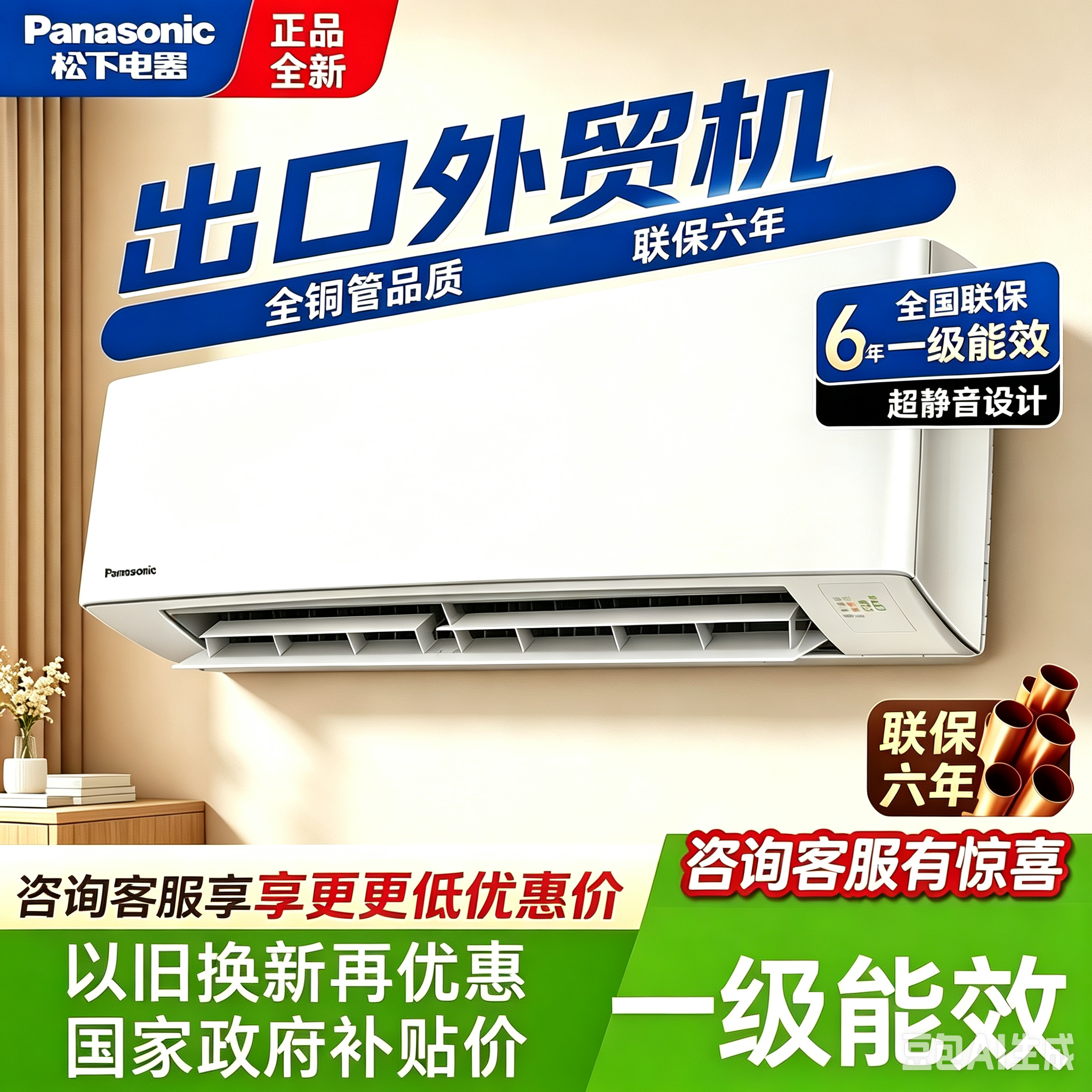 松下（Panasonic）空调1.5匹2匹单冷省电挂机直流变频房间家用