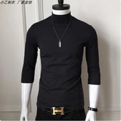 体桖 七分袖 T恤男装 中领中袖 半高领打底衫 秋潮精神小伙紧身上衣