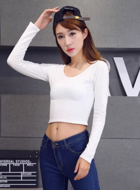 露脐短装U领上衣漏肚脐短款高腰瑜伽舞蹈t恤女长袖打底衫紧身纯棉