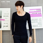 大圆领紧身T恤纯棉长袖 韩版 方低领修身 低领t恤男装 上衣潮流打底衫