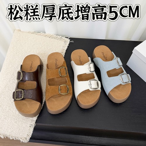 复古松糕百搭显瘦外穿真皮拖鞋小个子增高女小码夏季新款勃肯拖鞋