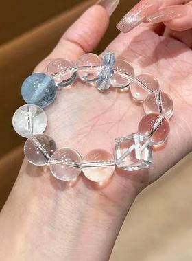 近净体巴西白水晶海蓝宝手串设计款小众跑环方糖大咪水晶手链