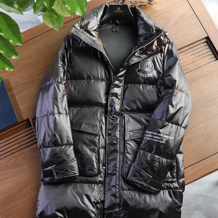 费拉家 秋冬新品潮流保暖男装时尚黑色连帽中长款羽绒服外套A321