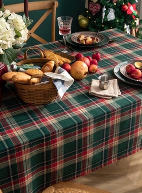 圣诞节桌布苏格兰绿色格子餐布长方形家用台布艺拍照高级感棉麻