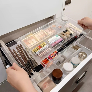 透明分格收纳盒可伸缩收纳盒化妆品收纳层架桌面眉笔化妆刷收纳