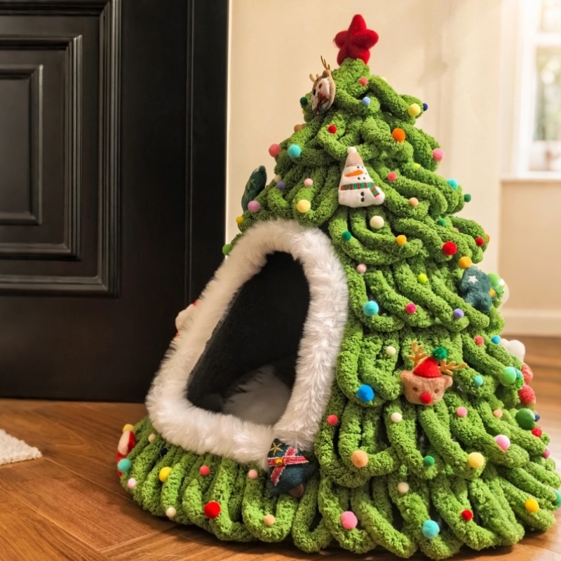 猫尾巴线diy圣诞树猫窝手工编织封闭式安全感窝冬季天保暖宠物窝