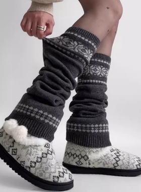 韩系女款袜子秋冬堆堆袜套针织雪花显瘦保暖灰色小腿套复古辣妹