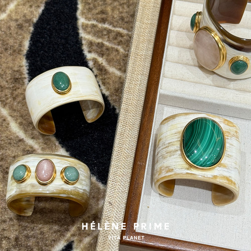 HELENE PRIME法式天然石宽细版开口手镯手工重工轻奢个性高级腕饰
