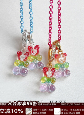 现货CRYSTAL HAZE正品 Rainbow彩色透明闪片小熊吊坠项链小众可爱
