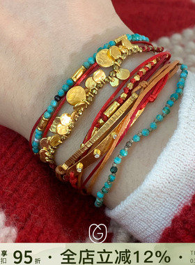 希腊Mary Gaitani金色红绳复古锤痕圆片手链小众串珠叠戴新年手饰