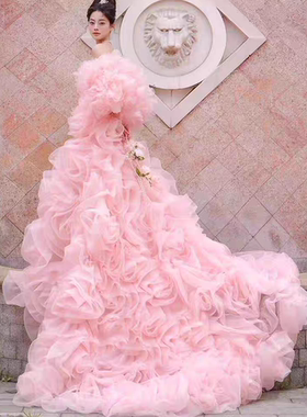 粉色手工花朵花苞大拖尾手袖主题影楼礼服配饰氛围感写真妆造仙