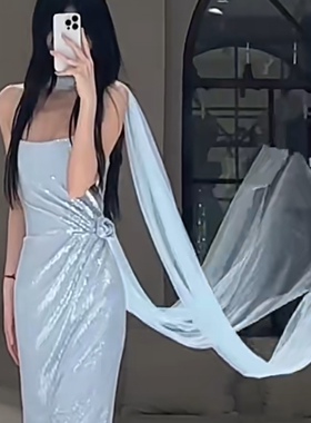蓝色颈纱浪漫唯美主义 婚纱礼服打卡拍照氛围感仙女纱巾脖子配饰