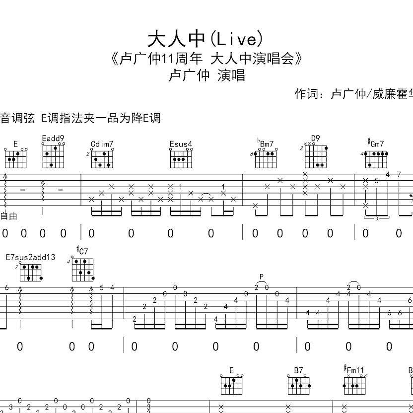 弹唱吉他谱 大人中  卢广仲 吉他谱 乐谱 流行谱 谱子 吉他谱