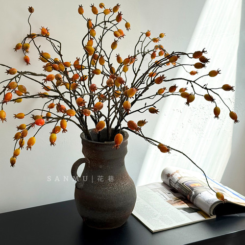 仿真野柿果民宿餐桌前台客厅室内秋色装饰花艺假花浆果枝设计摆件