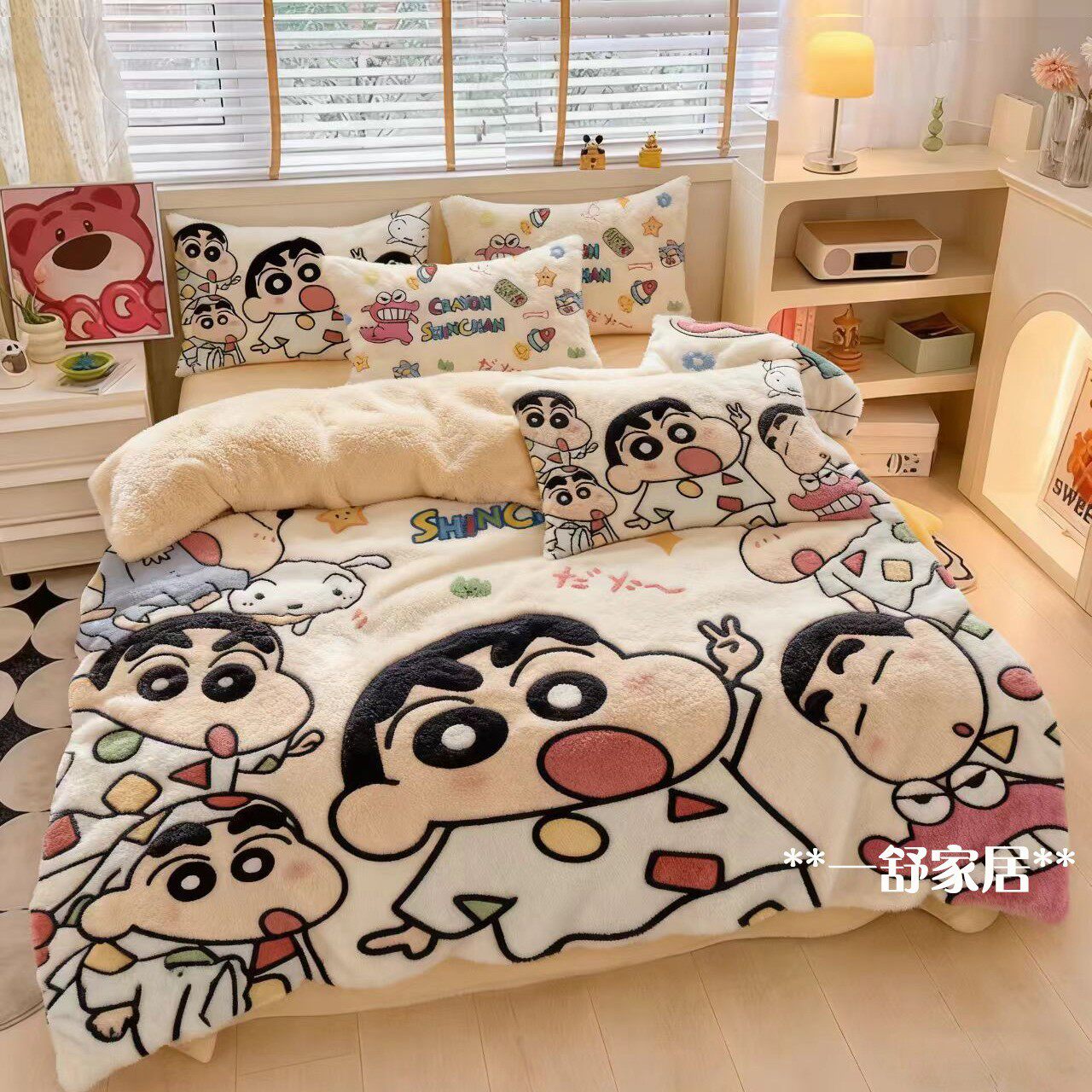 蜡笔小新牛奶绒四件套冬季加厚保暖珊瑚绒床单被套法兰绒床上用品