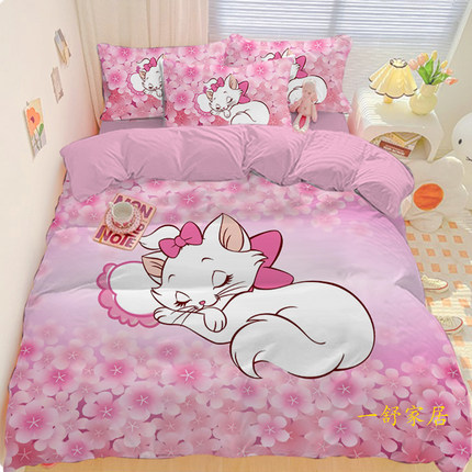 可爱粉玛丽猫纯棉四件套被套粉色公主女童3件套床笠卡通床上用品.