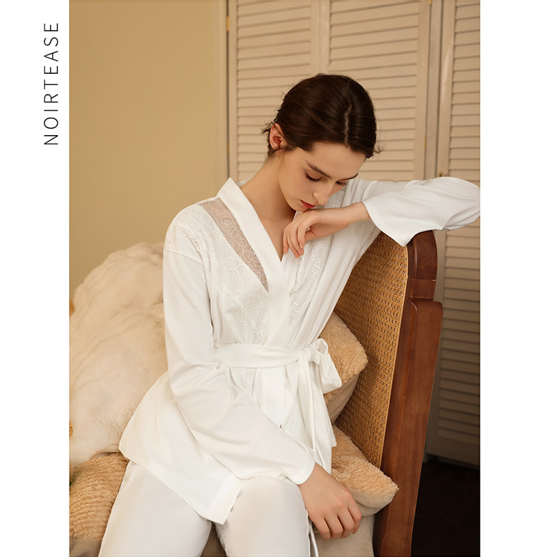 NT春秋纯棉性感蕾丝睡衣女士长绒棉纯欲风系带睡袍家居服两件套装