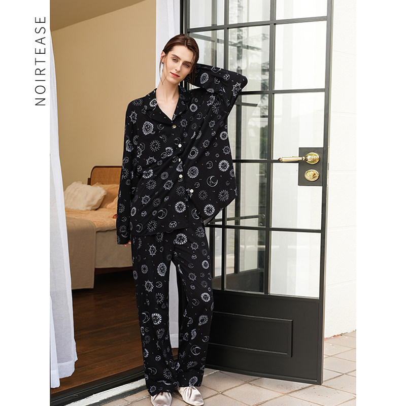 NT春秋纯棉宽松薄款睡衣女士男友风长袖长裤印花家居服两件套装