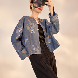 春秋高端复古手工刺绣龙纹设计感上衣时髦轻奢国风短款 外套M8070