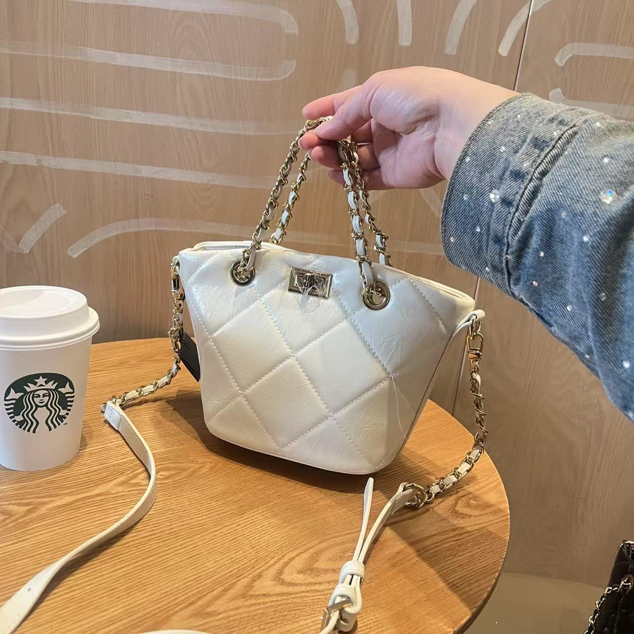 2025春季新款小香风菱格链条包贝壳包菜篮子包手提单肩斜挎包女包