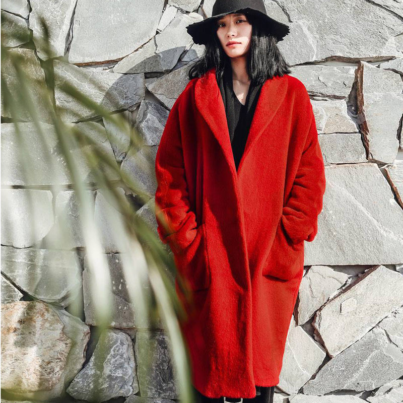 冬季新品欧美风极简宽松澳毛大衣茧形西装领直筒中长款羊毛呢外套