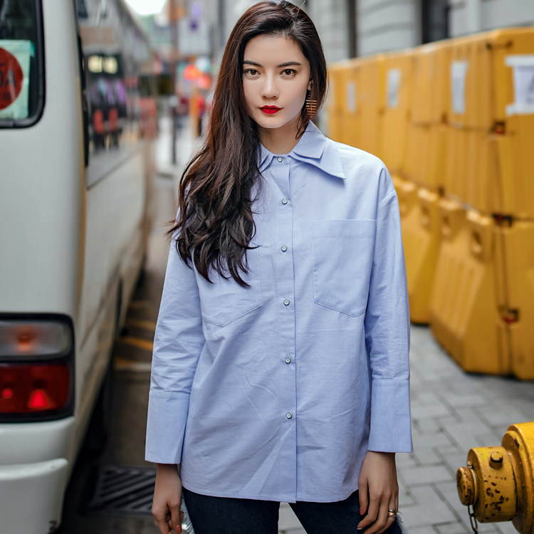 欧美风天蓝色条纹长袖女多扣衬衣