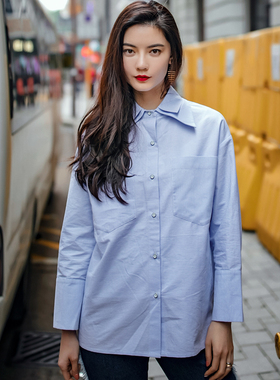 欧美风天蓝色条纹双层领长袖衬衣女宽松显瘦设计款拼接多扣上衣