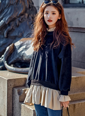 黑色丝绒假两件套卫衣女春季新品宽松显瘦撞色百搭小个子打底上衣