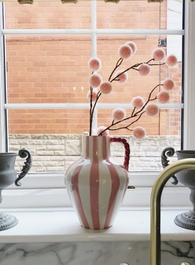 西岱岛出口英国陶瓷原单粉色条纹手绘家居花瓶软装摆件花器可水培