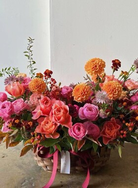 西岱岛北京同城高级新年送礼玫橙色鲜艳鲜花生日乔迁祝福手提花篮